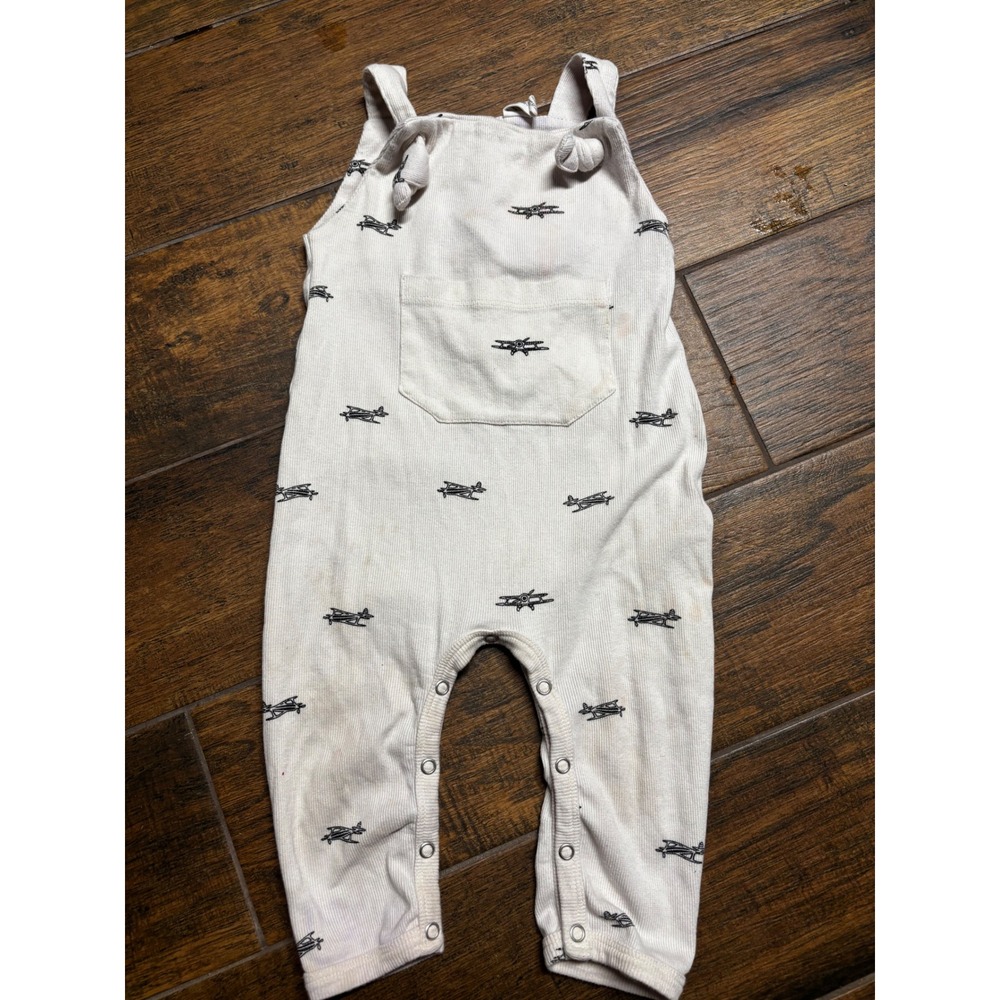 Kate Quinn Airplane Ribbed Organic Cotton Knotted Overalls Cream‎ 18-24M